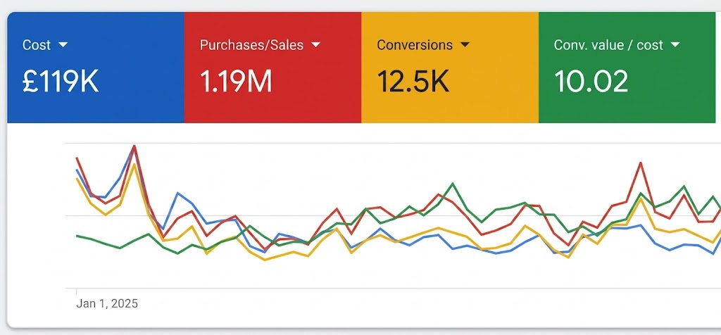 Google Ads Manager Screenshot showing 1002% ROAS